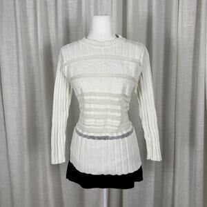 Liz Claiborne Sweater Womens Petite Small White Stripe Open Knit Embroidered
